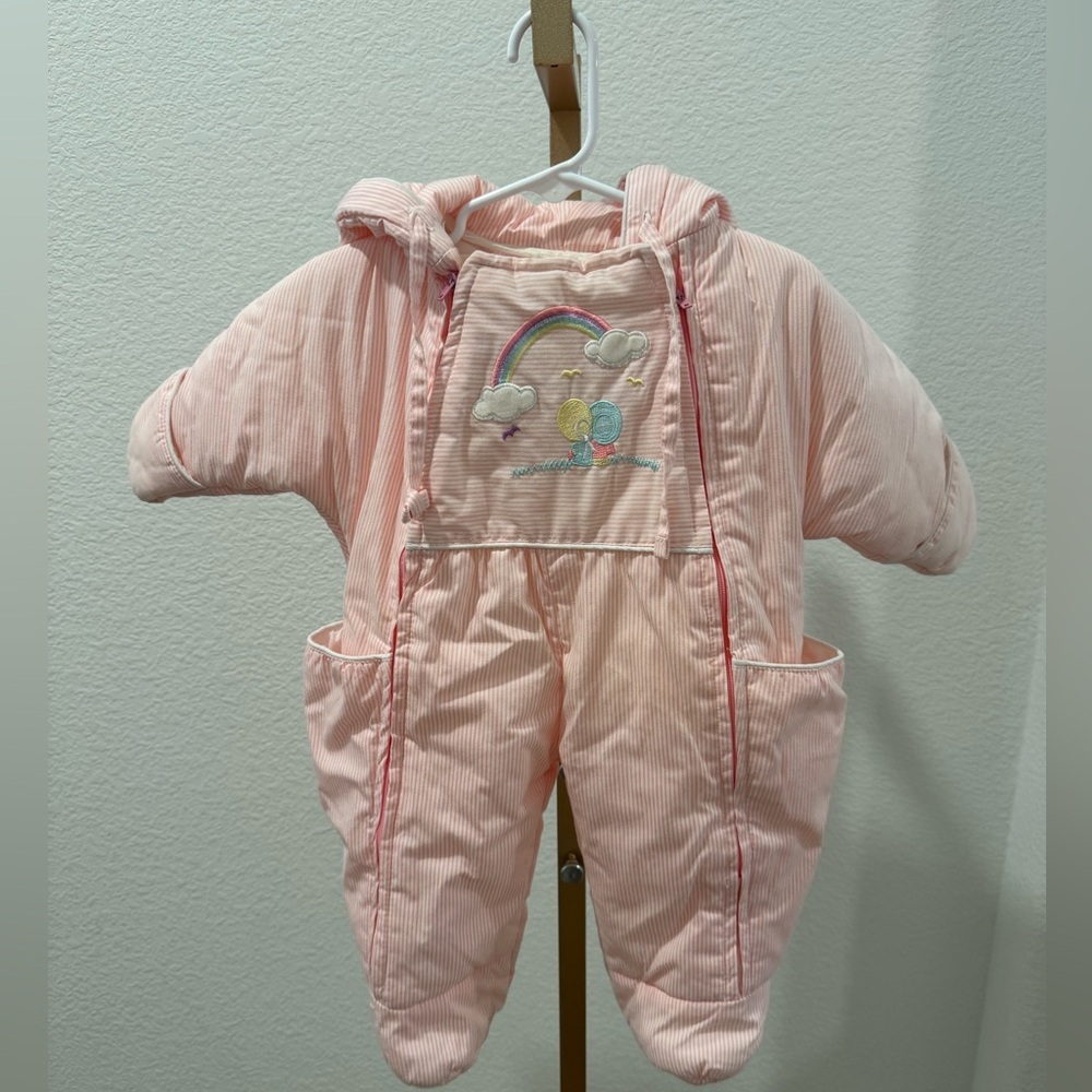 Vintage Tidykins pink striped embroidered Snowsuit 3-6 months hooded